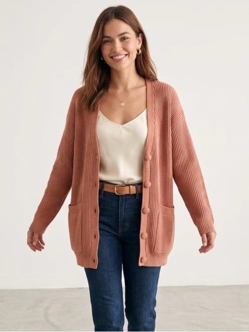 Lulus Chunky Ribbed Knit Button-Down Open Front Cardigan Sweater, Rose, Size XS